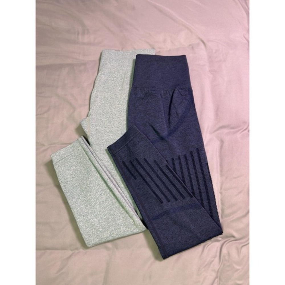 2 Pairs Women's Cute Workout Pants Blue‎ Aqua Stretch Spandex Butt Lift SZ Large